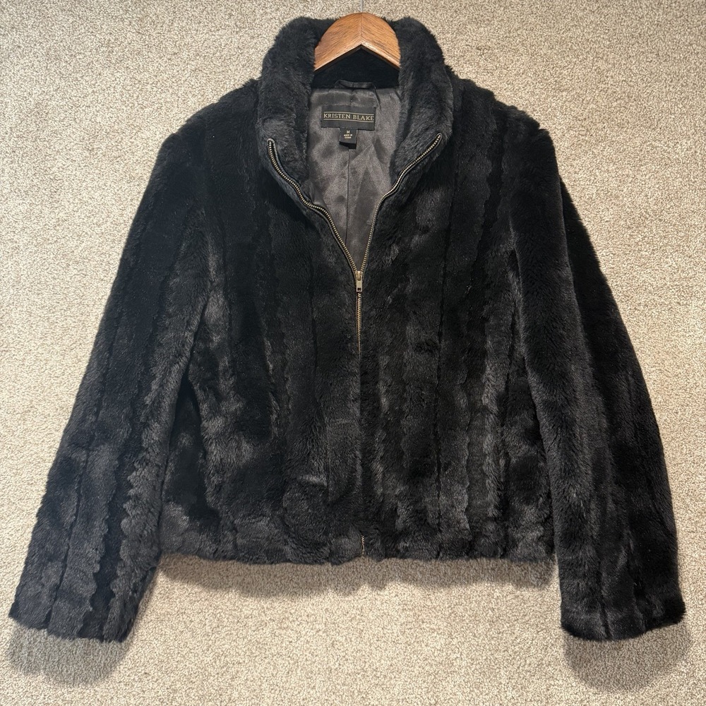 VTG Kristen Blake Jacket M Black Faux Fur Full Zip Winter Coat Mob Wife Bomber